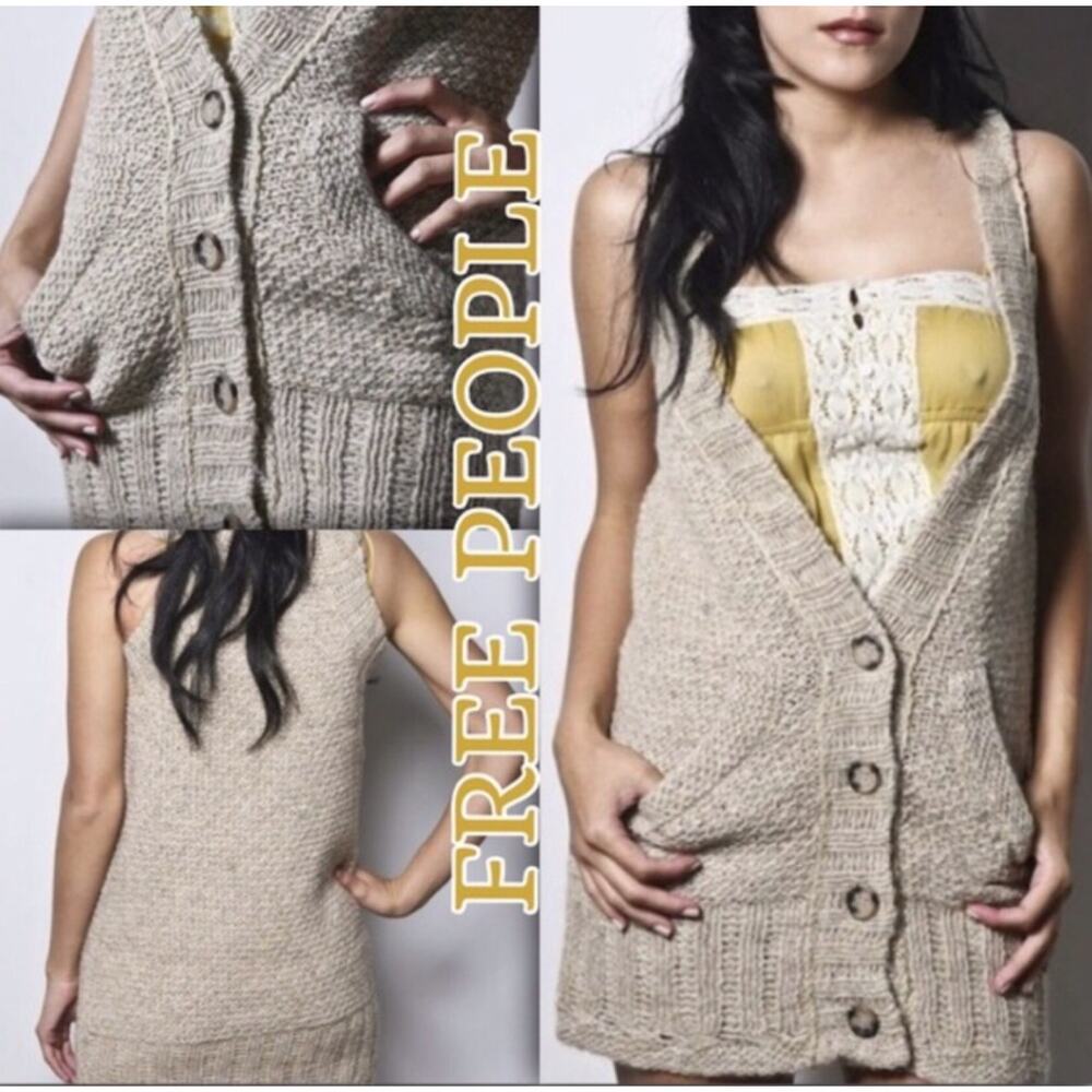 Free People Napoli Knit Oatmeal Beige Duster Cardigan Vest Sz M Granola Girl EUC